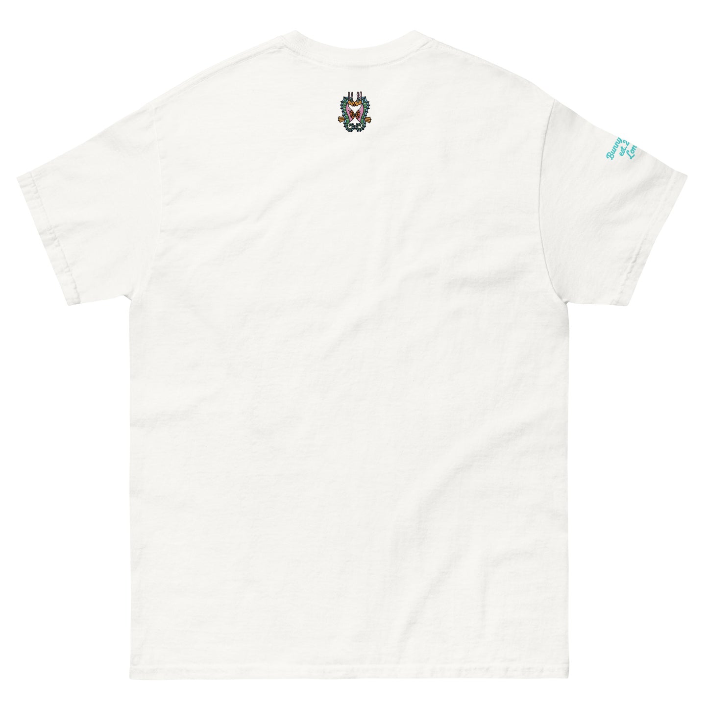 Front view of the BunnyBanky unisex classic maroon t-shirt featuring a colourful small printed seahorse at the back, and the word "LOVE" in teal and crimson block lettering, with a circular recycle arrow design forming the letter O at the front.