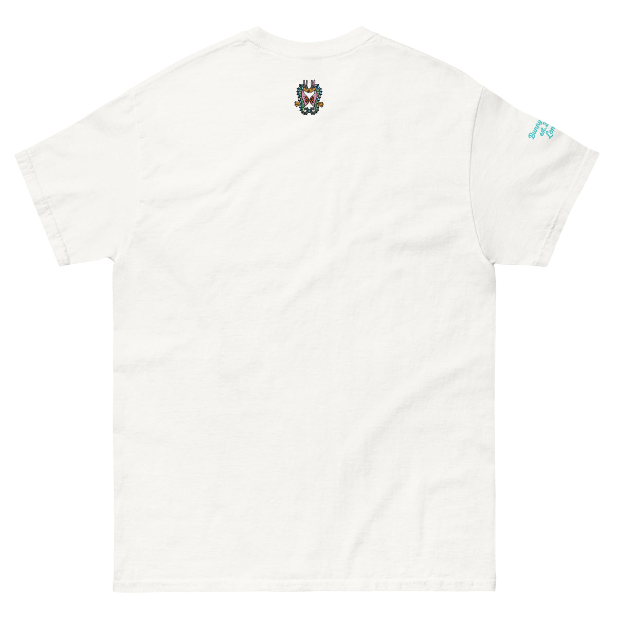 Front view of the BunnyBanky unisex classic maroon t-shirt featuring a colourful small printed seahorse at the back, and the word "LOVE" in teal and crimson block lettering, with a circular recycle arrow design forming the letter O at the front.