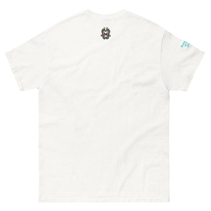 Front view of the BunnyBanky unisex classic maroon t-shirt featuring a colourful small printed seahorse at the back, and the word "LOVE" in teal and crimson block lettering, with a circular recycle arrow design forming the letter O at the front.