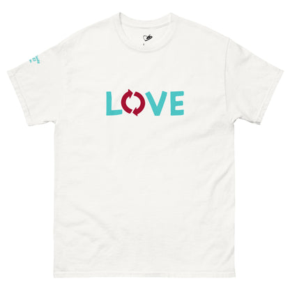 Front view of the BunnyBanky unisex classic maroon t-shirt featuring a colourful small printed seahorse at the back, and the word "LOVE" in teal and crimson block lettering, with a circular recycle arrow design forming the letter O at the front.