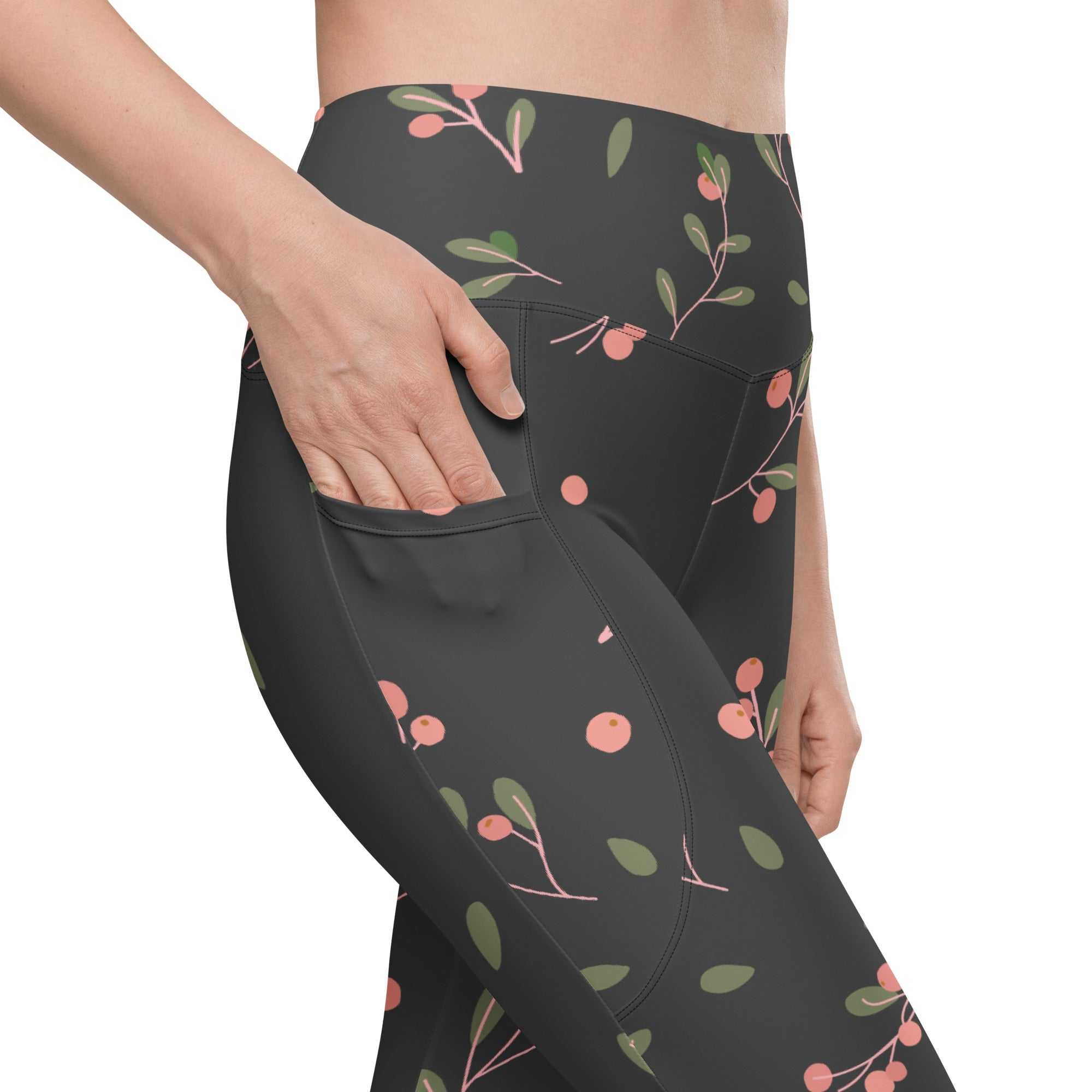 High-waist Manchester Sculpt Leggings with pink floral print on khaki green and dual side pockets