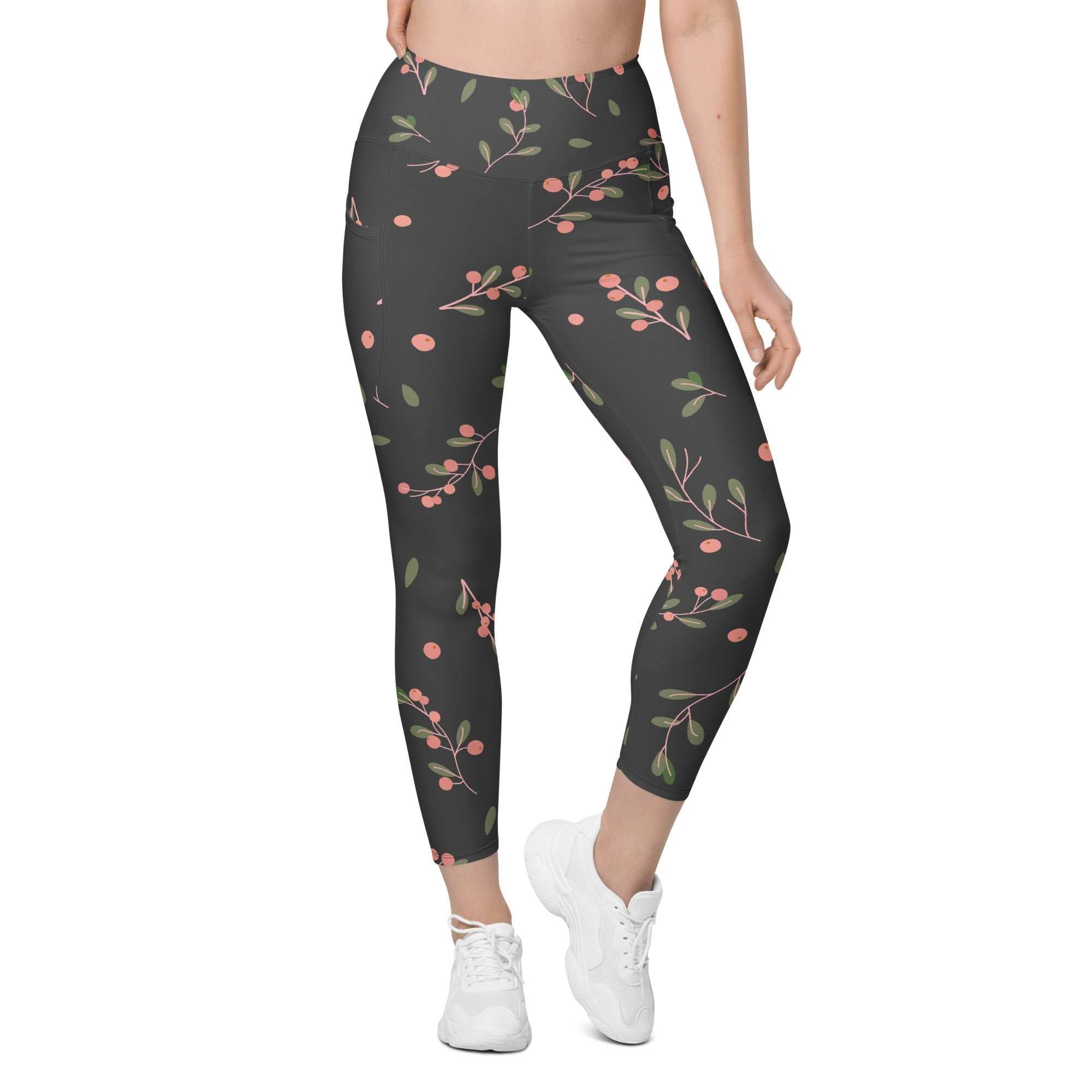 High-waisted Manchester Sculpt Leggings in khaki green with pink floral print and dual side pockets