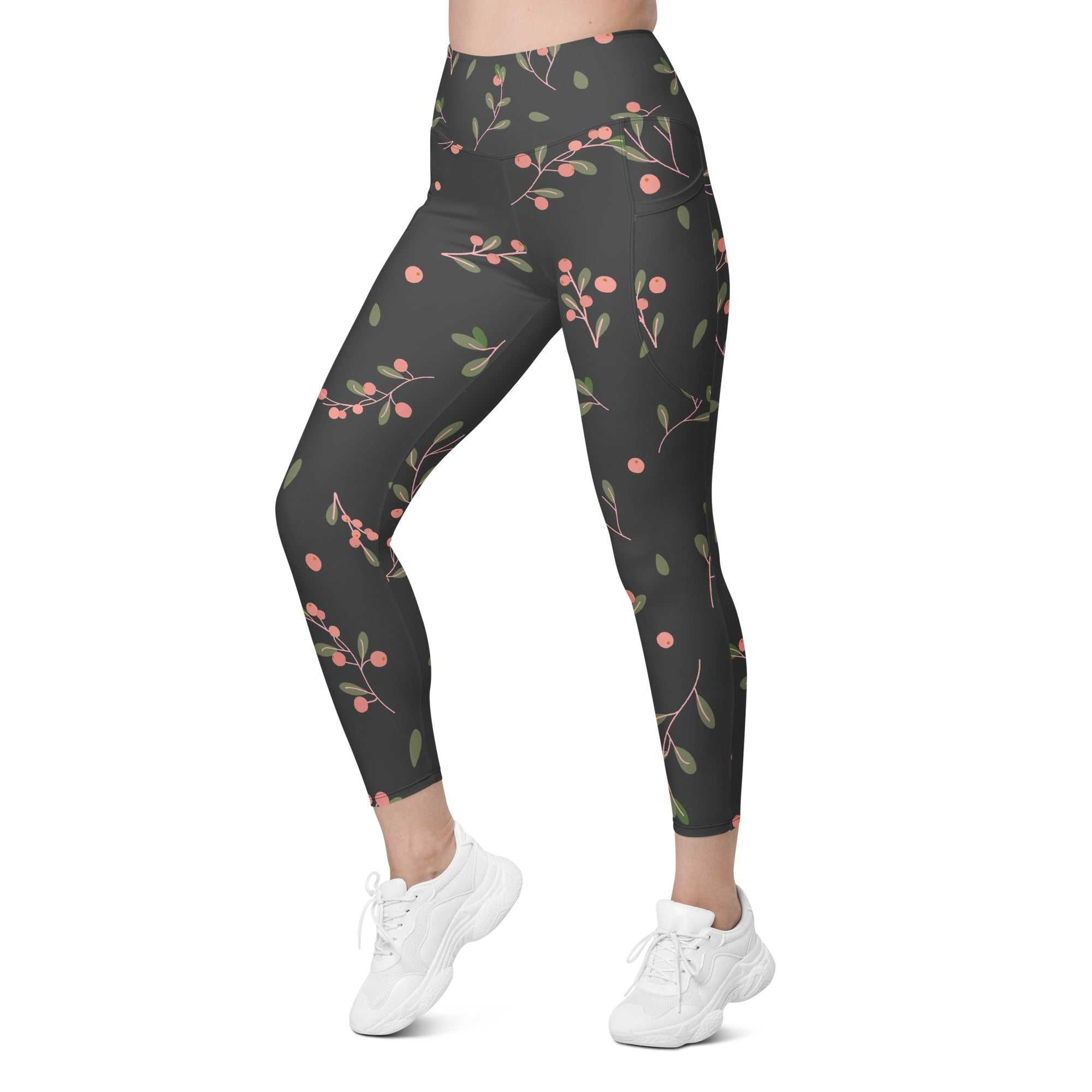 High-waist Manchester Sculpt Leggings with pink floral print on khaki green, mild compression, dual side pockets, and UPF 50+ sun protection.