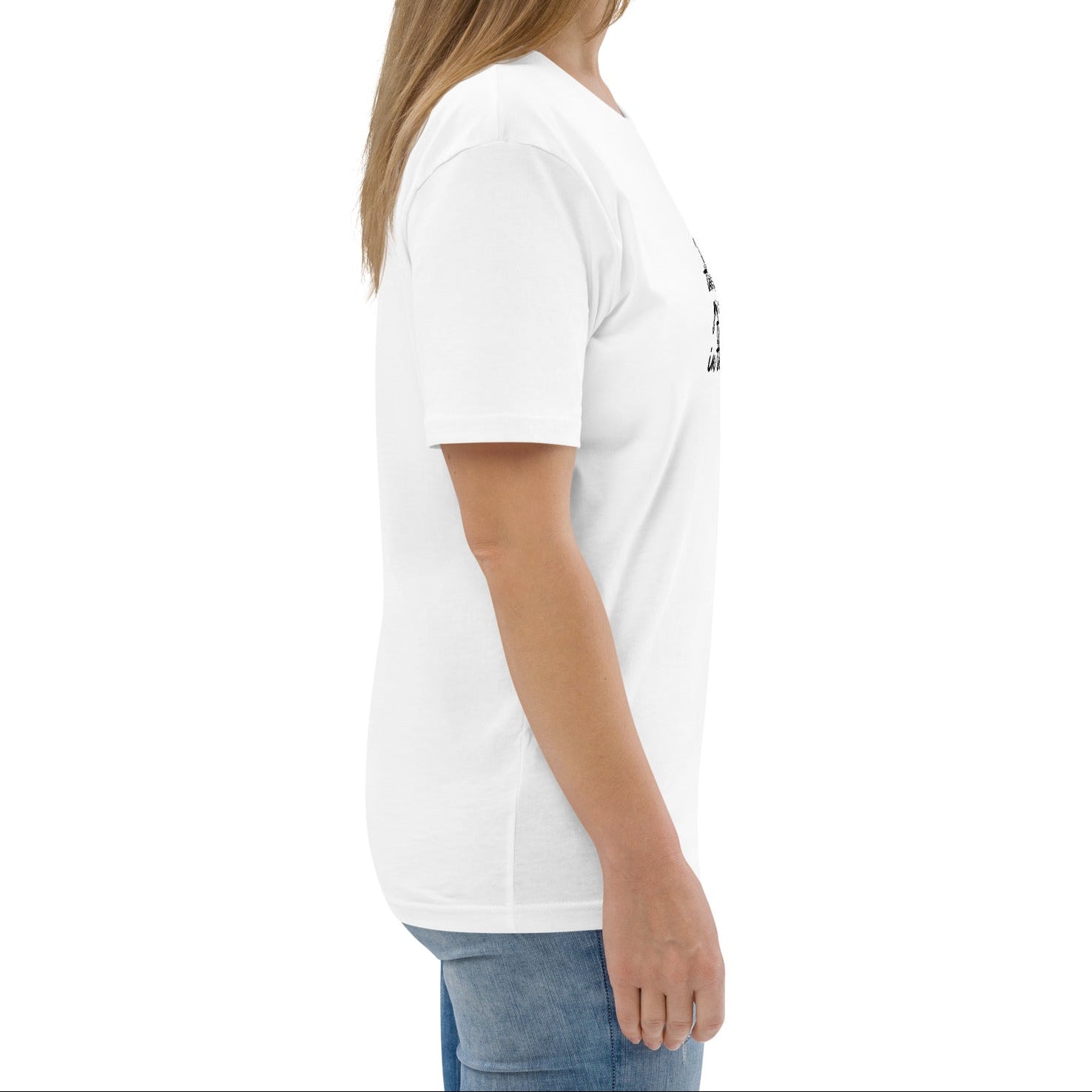 A model wearing The Manifesto Tee in 100% organic cotton, showing the 