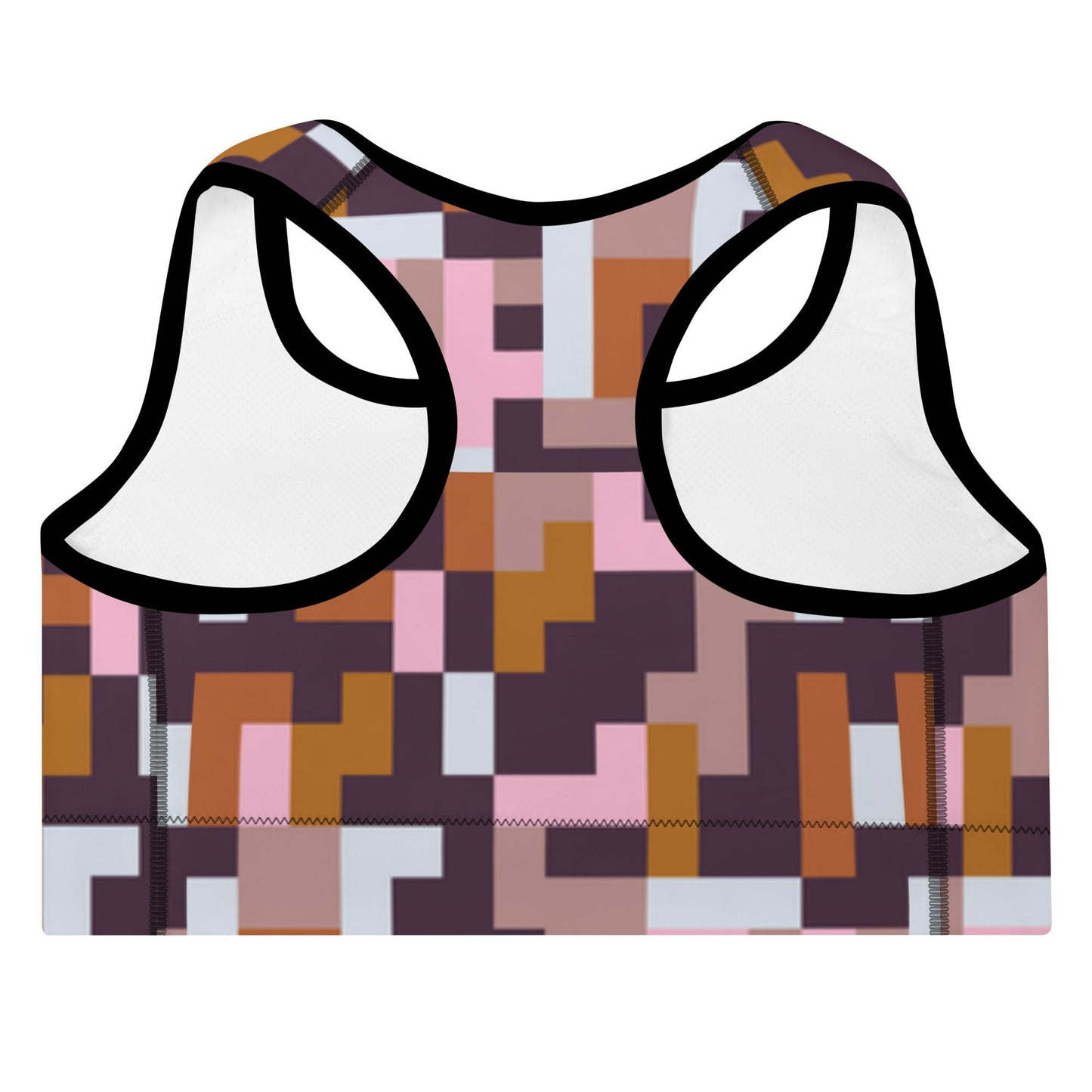 A close up of The Marais Performance Bra, showing the supportive fit and the sophisticated Cubism-inspired geometric print in pink, brown, and white.