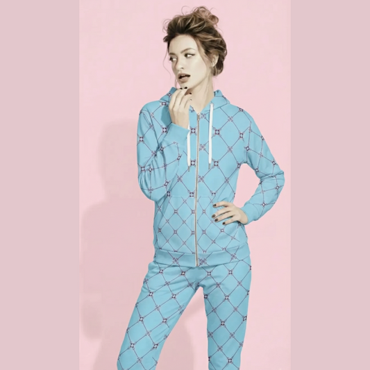 AI Proprietary Model wearing the full  Belgravia Set, showing the burgundy and light blue geometric monogram print on both the zip hoodie and the slim fit joggers, emphasizing the cohesive, tailored look of the recycled polyester set.