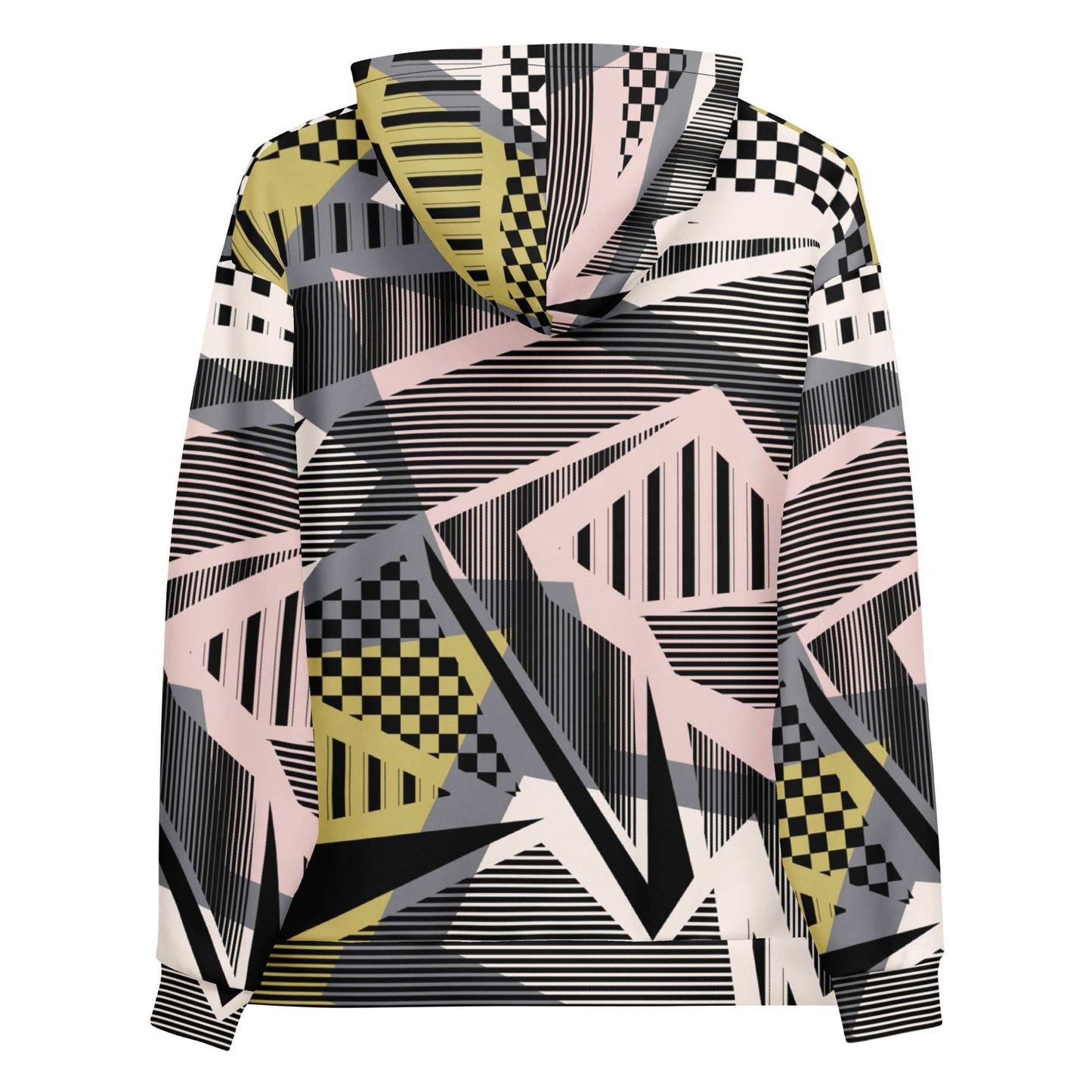 A close up of the Miami Resort Hoodie. The image highlights the Art Deco-inspired pattern of checkers and pinstripes in soft pink, sand, and olive tones, featuring red London branding.