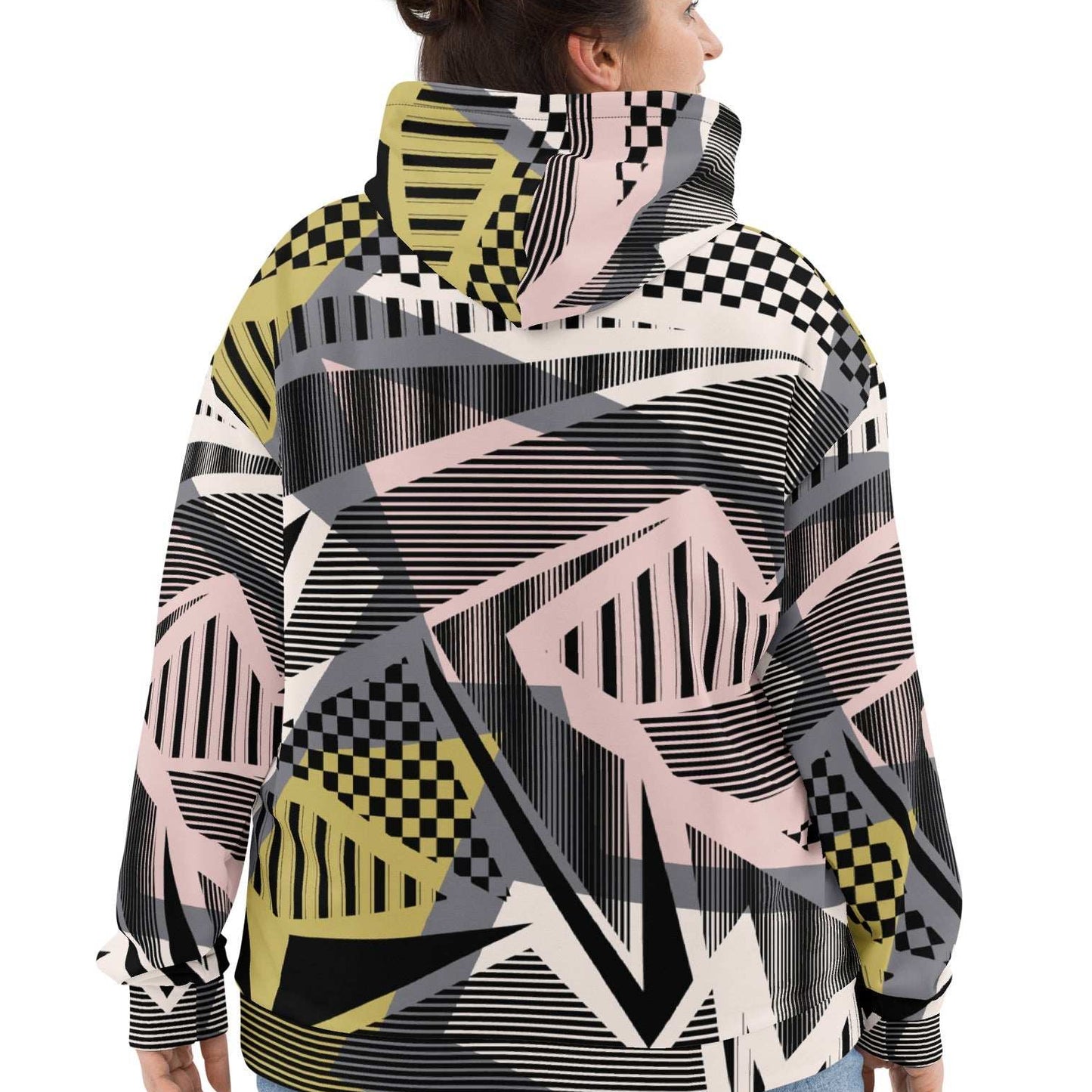A model wearing the Miami Resort Hoodie. The image highlights the Art Deco-inspired pattern of checkers and pinstripes in soft pink, sand, and olive tones, featuring red London branding.