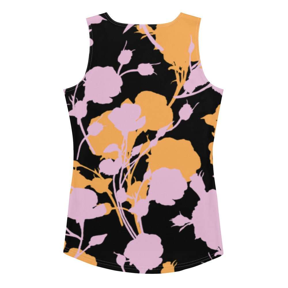 A close-up of The Miami Performance Tank, highlighting the buttery-soft microfiber fabric texture and the dynamic pink and orange splashes print.