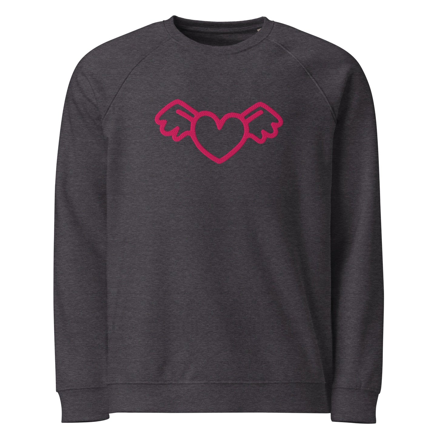 A close-up of The Monument Organic Sweatshirt, showing the detailed embroidery of a vibrant pink heart with wings on the 100% organic cotton fabric.
