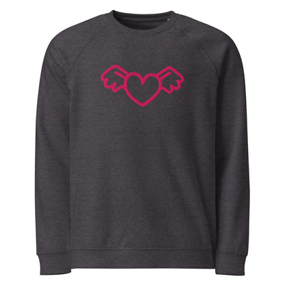 A close-up of The Monument Organic Sweatshirt, showing the detailed embroidery of a vibrant pink heart with wings on the 100% organic cotton fabric.