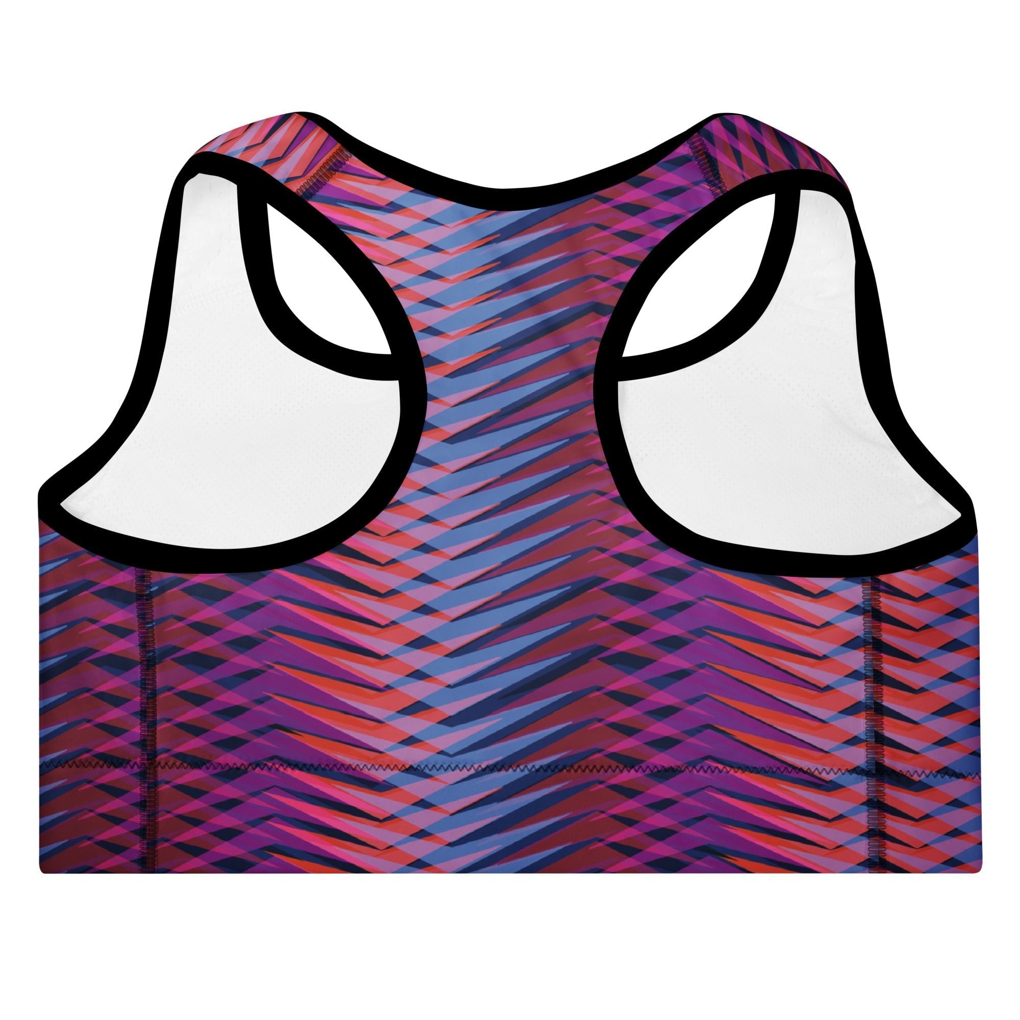 A close-up of The Moorgate Performance Bra's graphic arrow print, showing the premium recycled fabric and the 