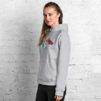 A model wearing The Mykonos Hoodie, showing the relaxed fit, drawstring hood, and the  Crown and "Queen" print on the front center.