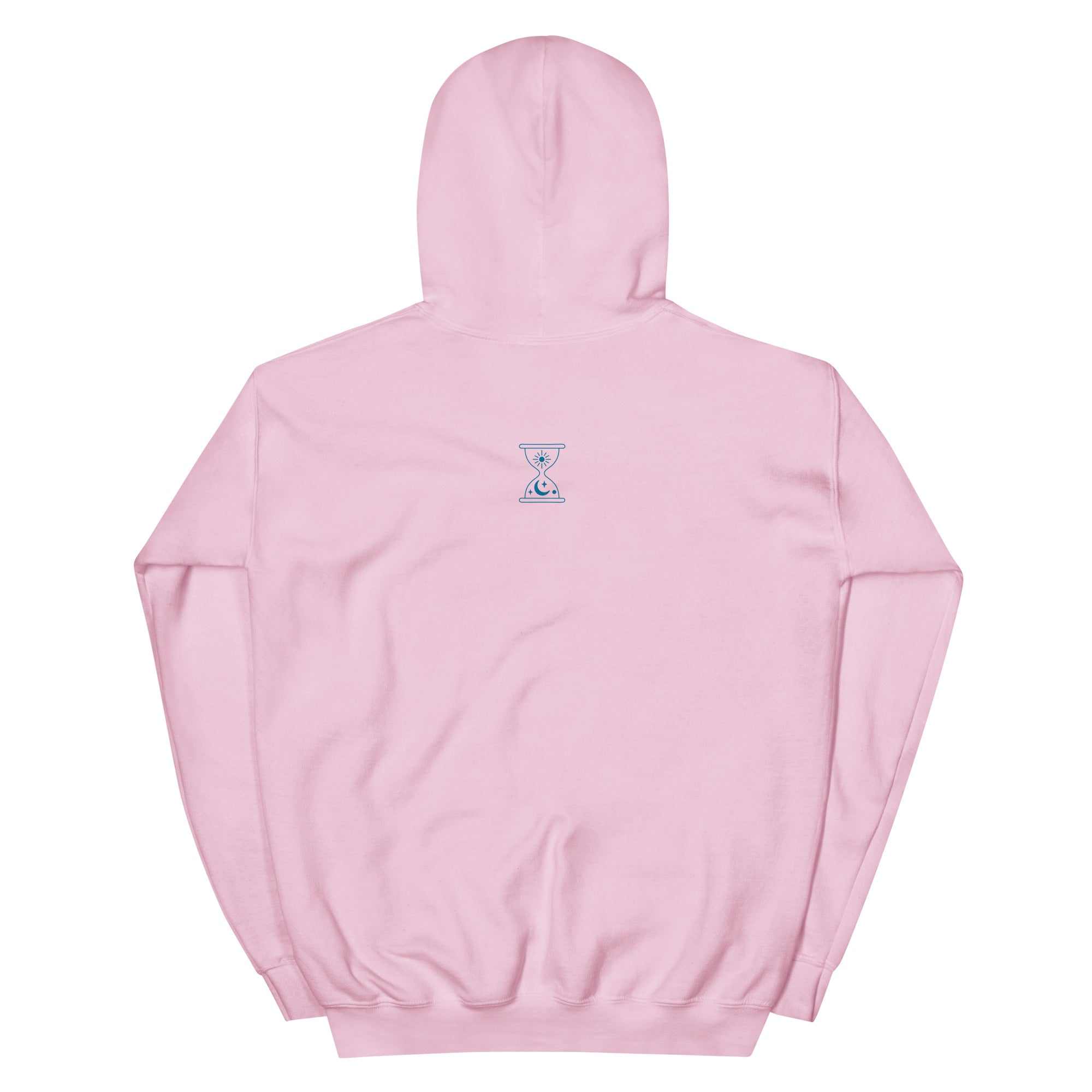 A close-up of The Mykonos Hoodie's print, showing the detailed embroidery of a premium crown over the text 