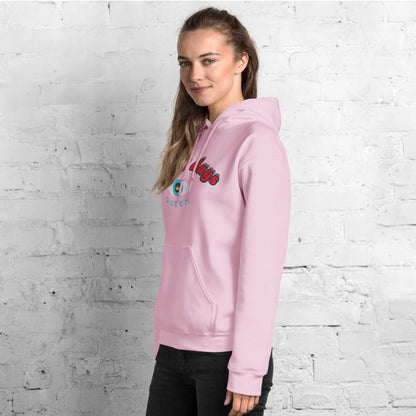 A model wearing The Mykonos Hoodie, showing the relaxed fit, drawstring hood, and the  Crown and "Queen" print on the front center.