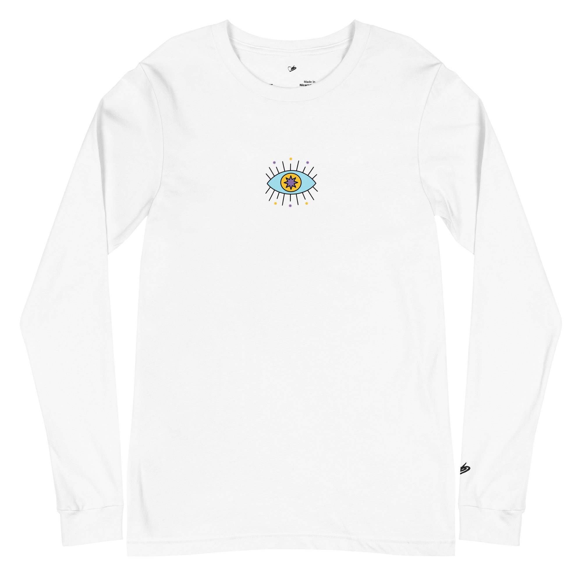 A close-up of The Mykonos Long Sleeve, showing the pop-art evil eye graphic on the premium 100% airlume cotton fabric.