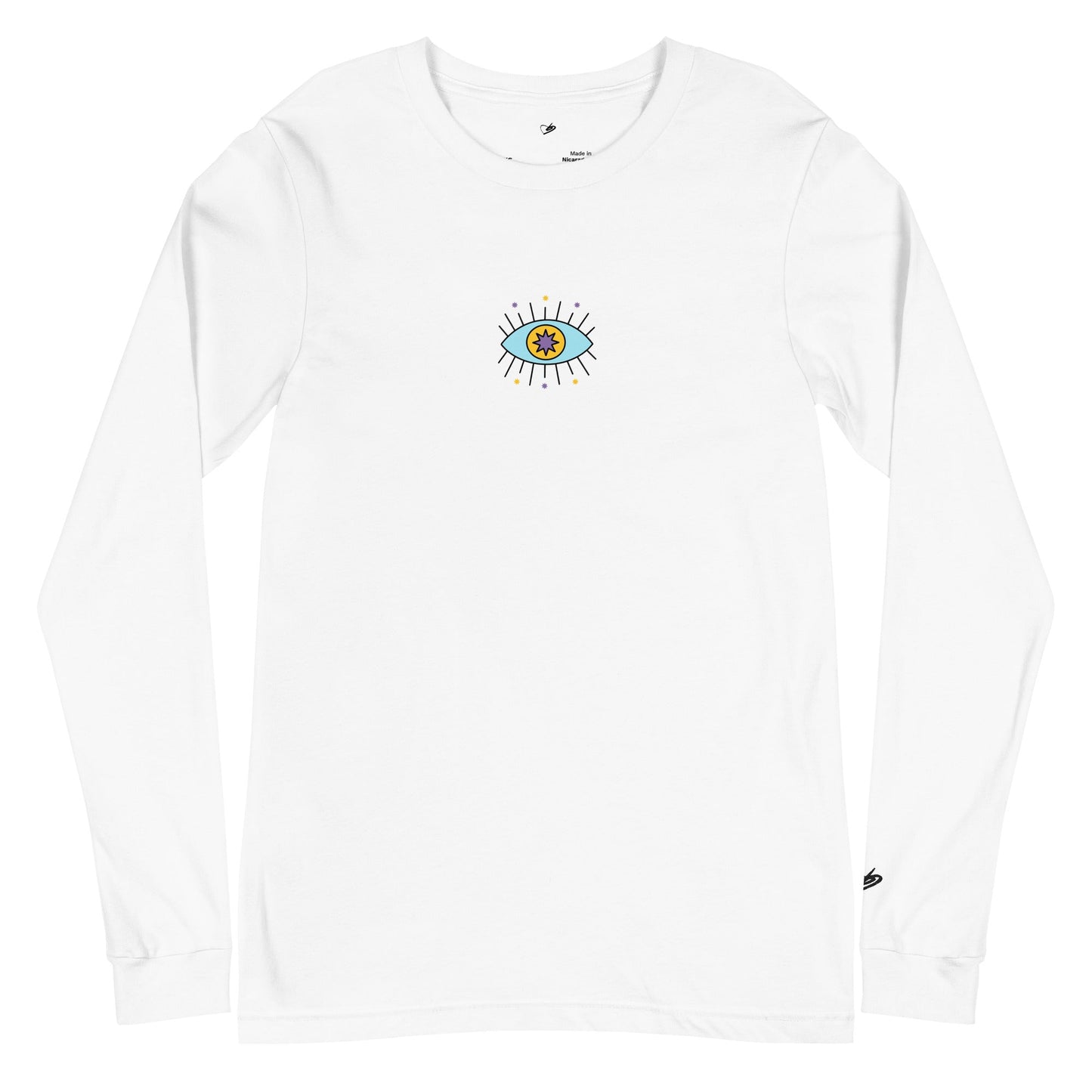 A close-up of The Mykonos Long Sleeve, showing the pop-art evil eye graphic on the premium 100% airlume cotton fabric.