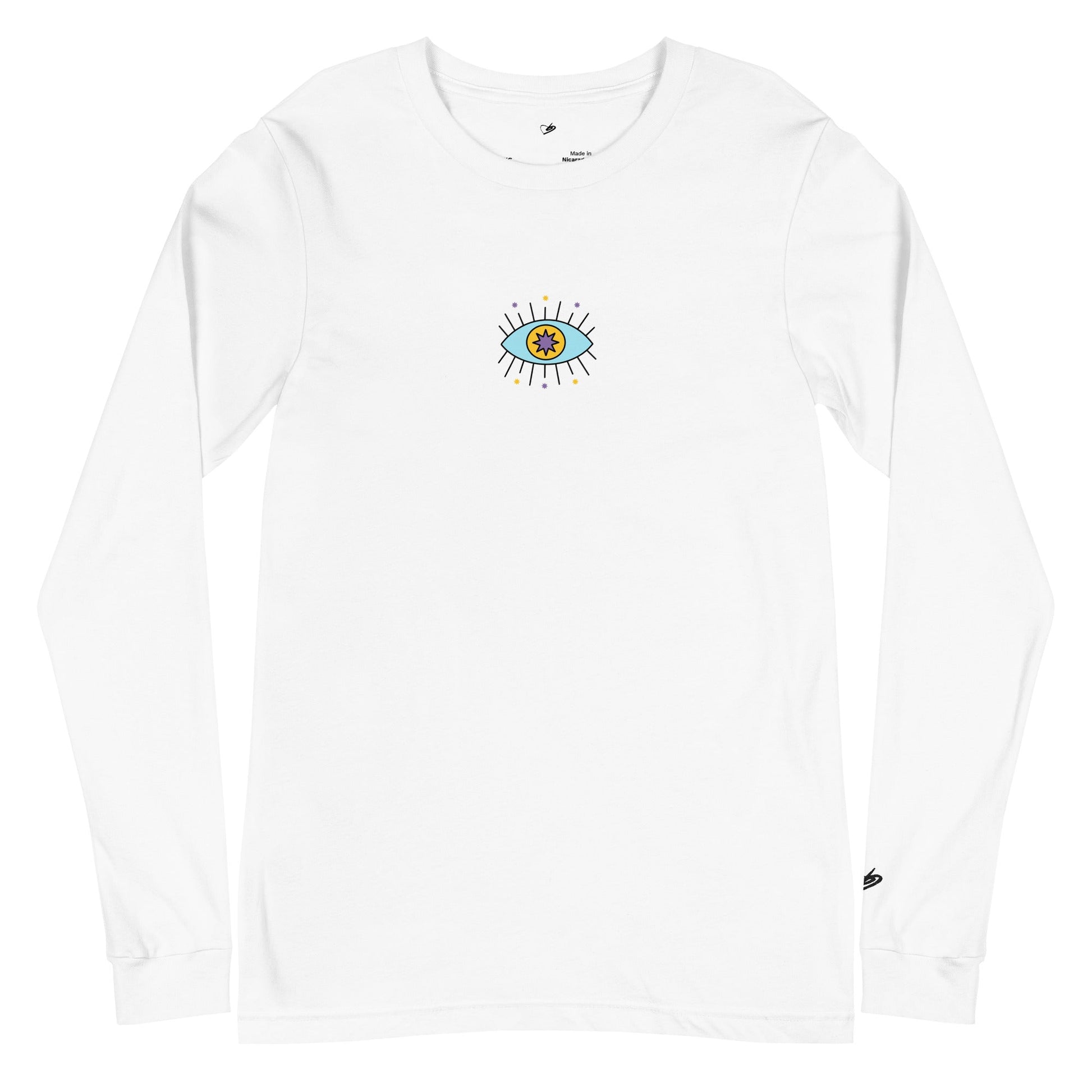 A close-up of The Mykonos Long Sleeve, showing the pop-art evil eye graphic on the premium 100% airlume cotton fabric.