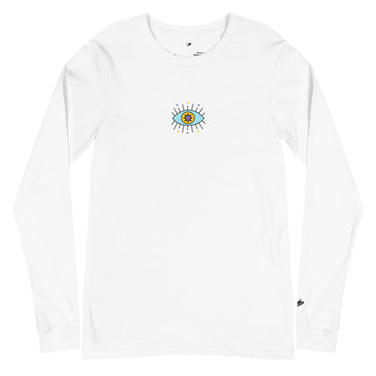 A close-up of The Mykonos Long Sleeve, showing the pop-art evil eye graphic on the premium 100% airlume cotton fabric.