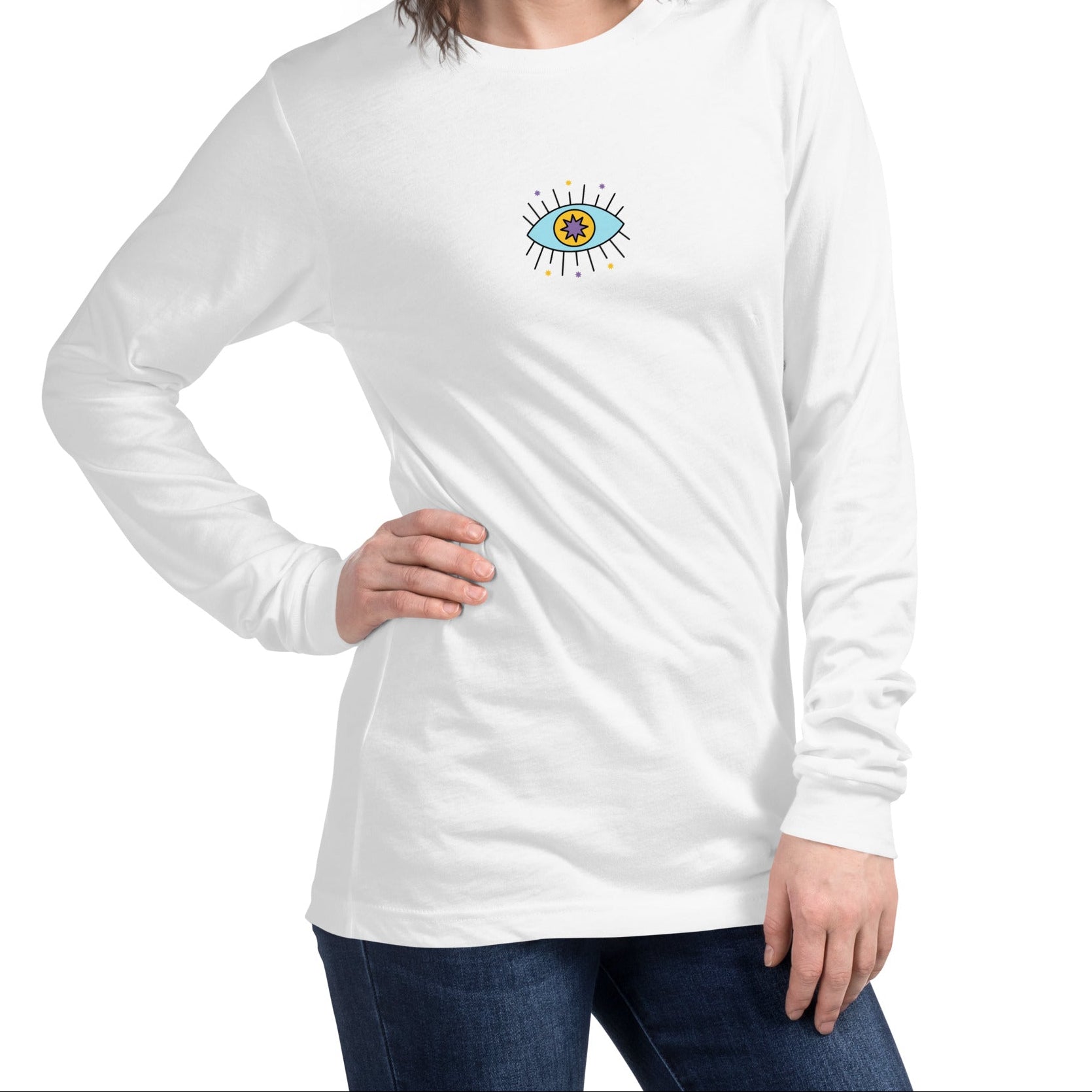 A model wearing The Mykonos Long Sleeve, showing the regular fit and the pop-art evil eye print on the front center.