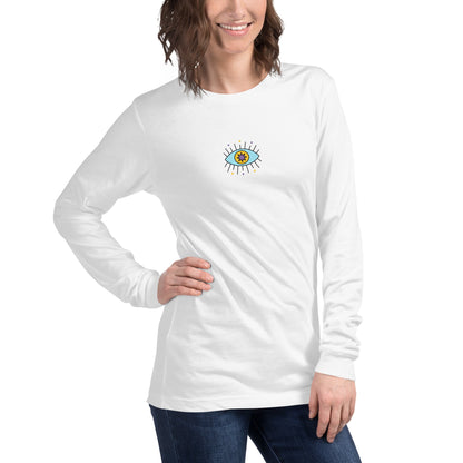 A model wearing The Mykonos Long Sleeve, showing the regular fit and the pop-art evil eye print on the front center.