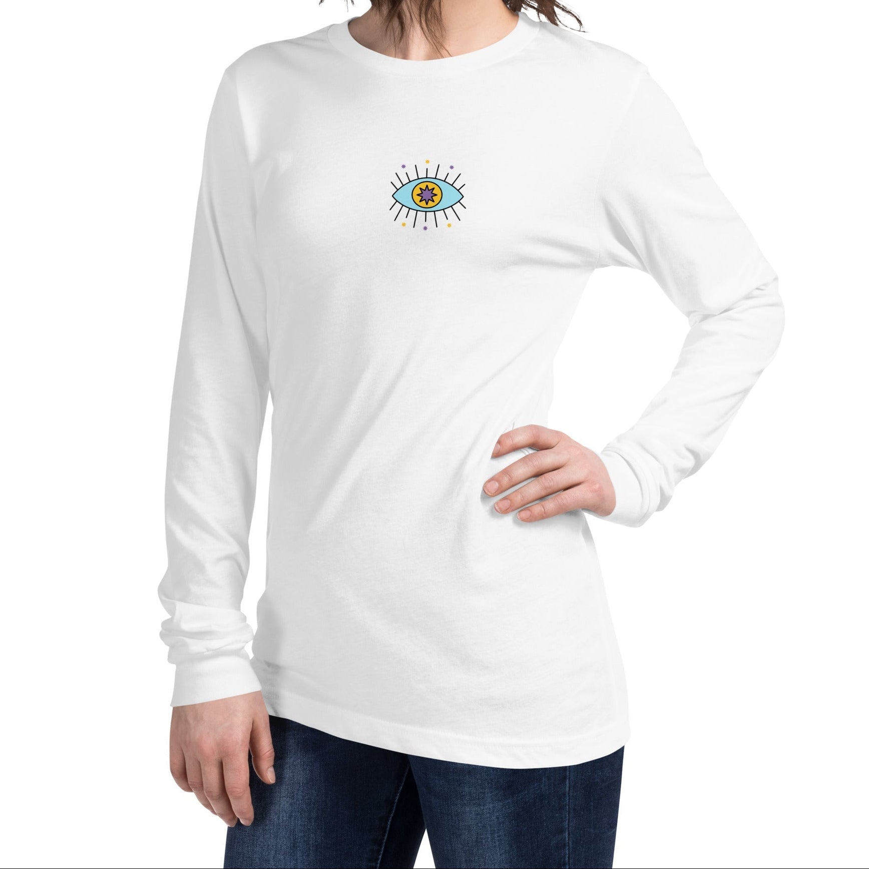 A model wearing The Mykonos Long Sleeve, showing the regular fit and the pop-art evil eye print on the front center.