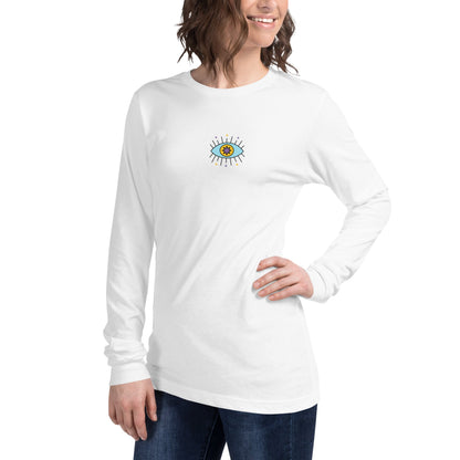 A model wearing The Mykonos Long Sleeve, showing the regular fit and the pop-art evil eye print on the front center.