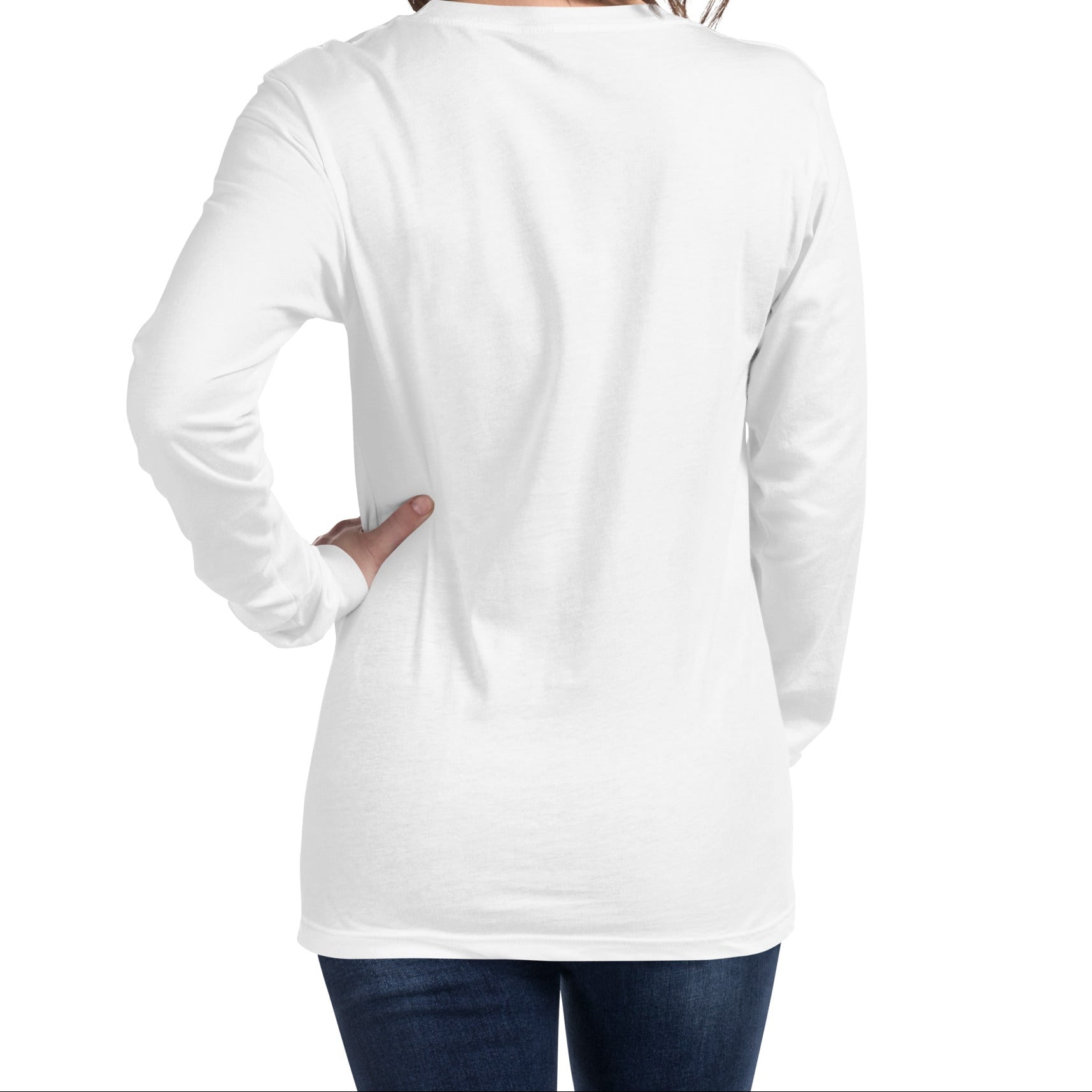 A model wearing The Mykonos Long Sleeve, showing the regular fit and the pop-art evil eye print on the front center.