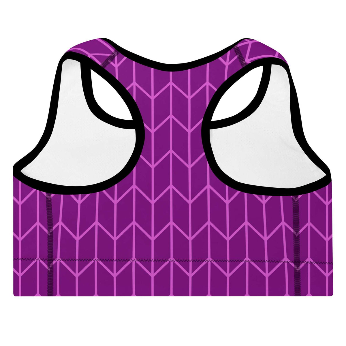 A close-up of The New York Performance Bra, showing the "City Babe" text on the purple Art Deco print.