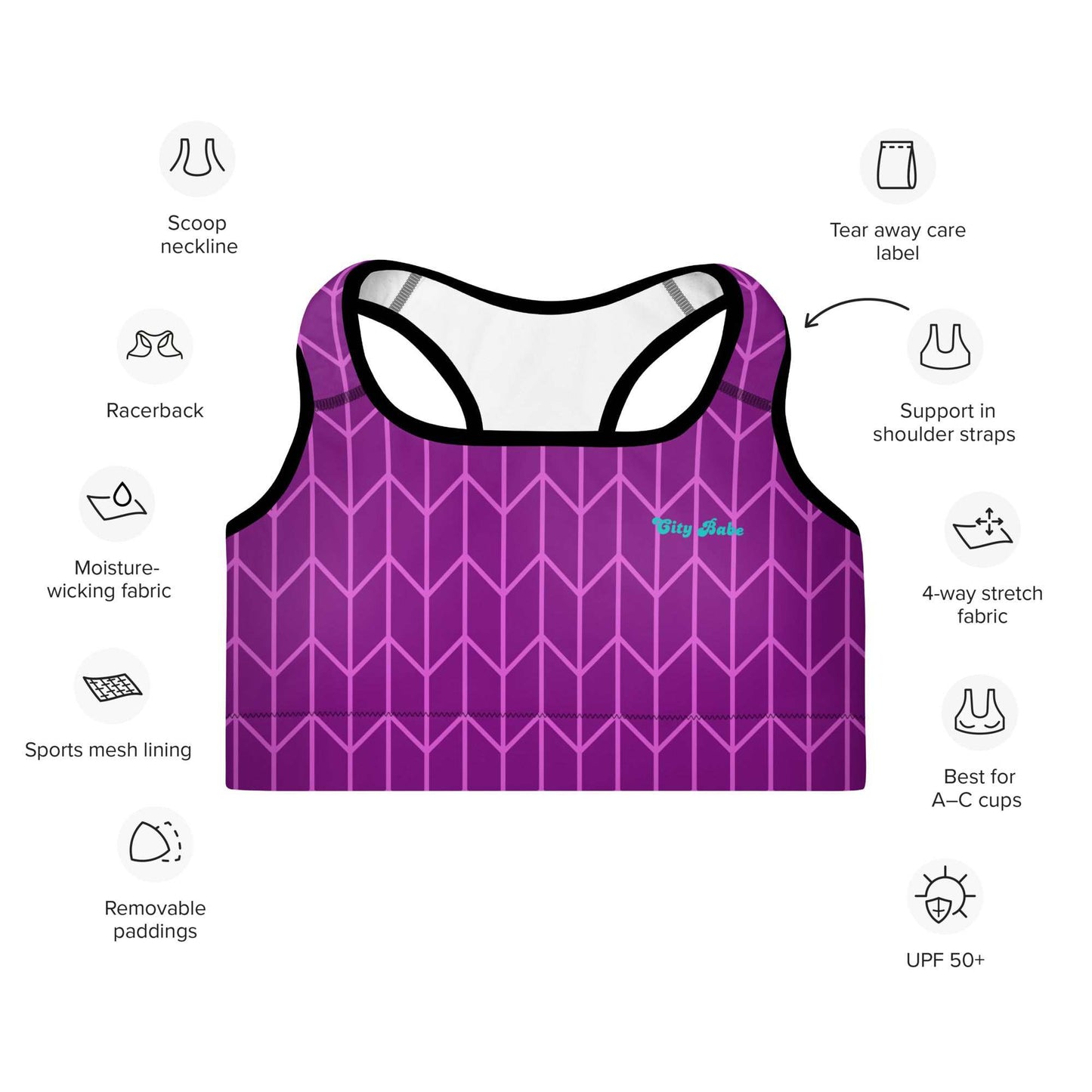 A close-up of The New York Performance Bra, showing the "City Babe" text on the purple Art Deco print.