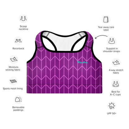 A close-up of The New York Performance Bra, showing the "City Babe" text on the purple Art Deco print.