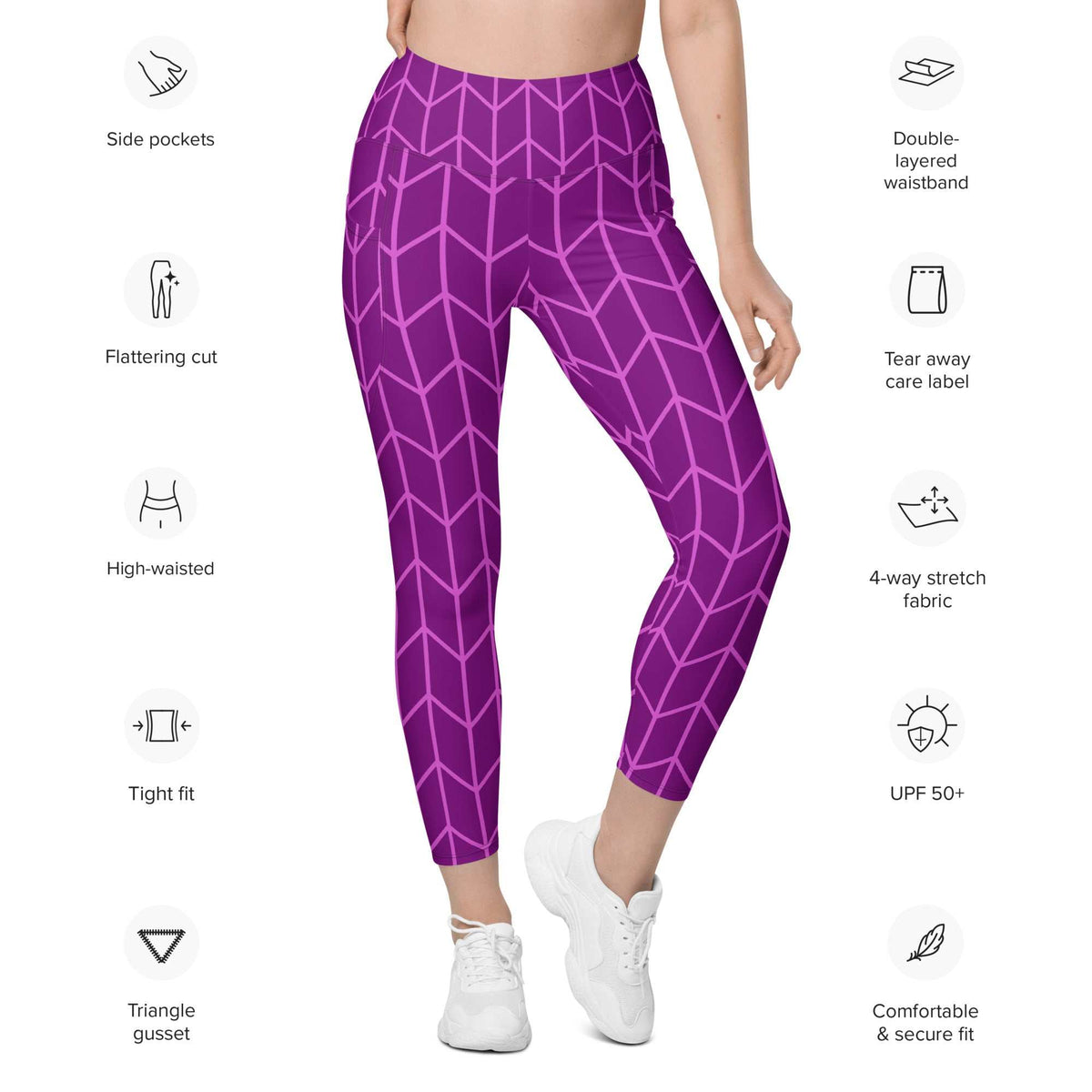 model wearing the New York sculpt leggings featuring a lilac geometric pattern on purple fabric.