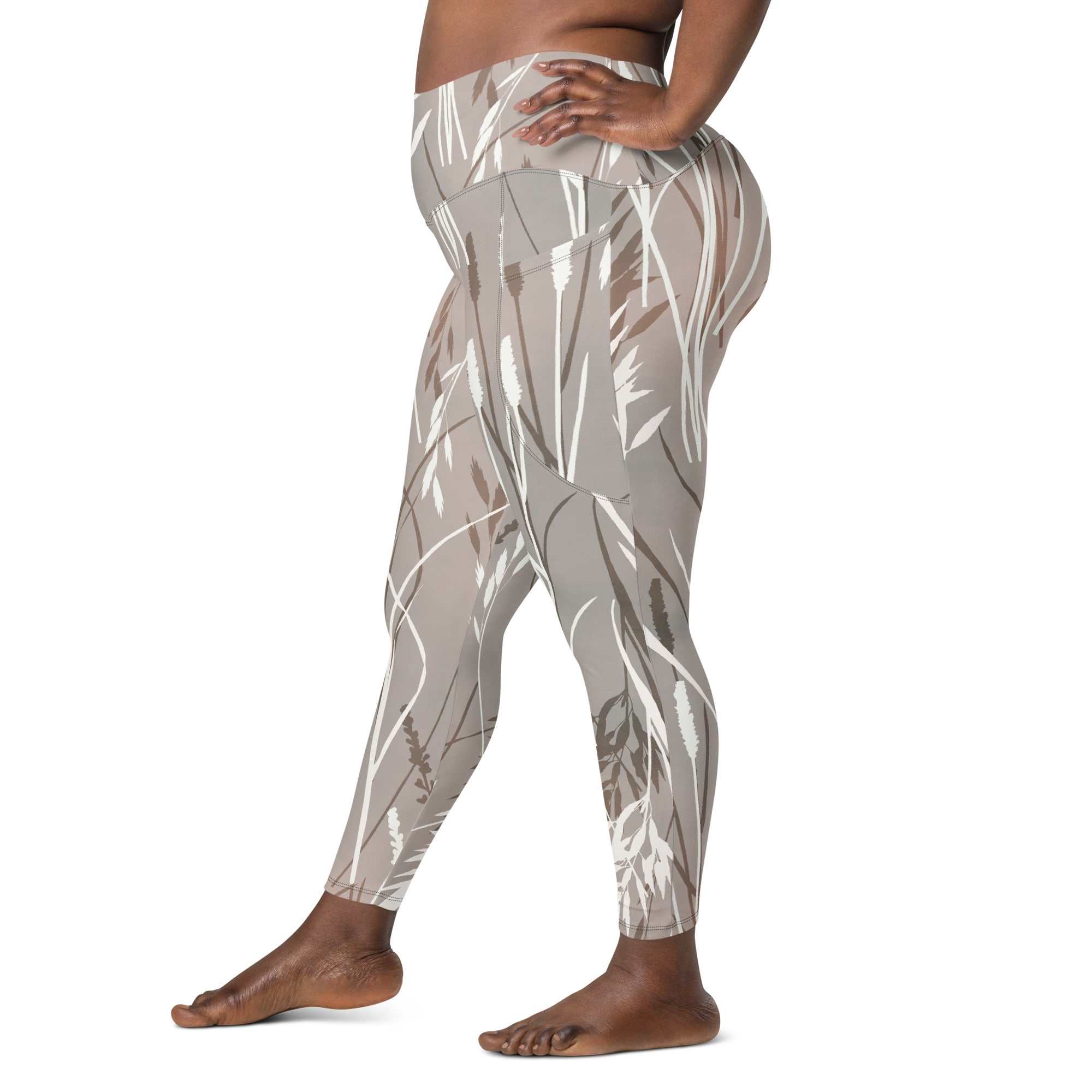 The Osaka Sculpt Leggings in light grey beige with earthy floral brush strokes, high-waisted soft stretch fabric, dual side pockets, and mild compression fit.