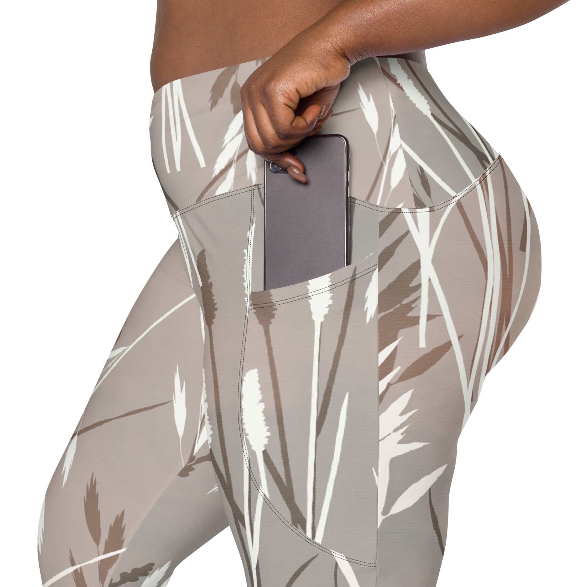 The Osaka Sculpt Leggings in light grey beige with earthy floral print, high-waisted, mild compression fabric, dual side pockets with phone, designed for comfort and mobility