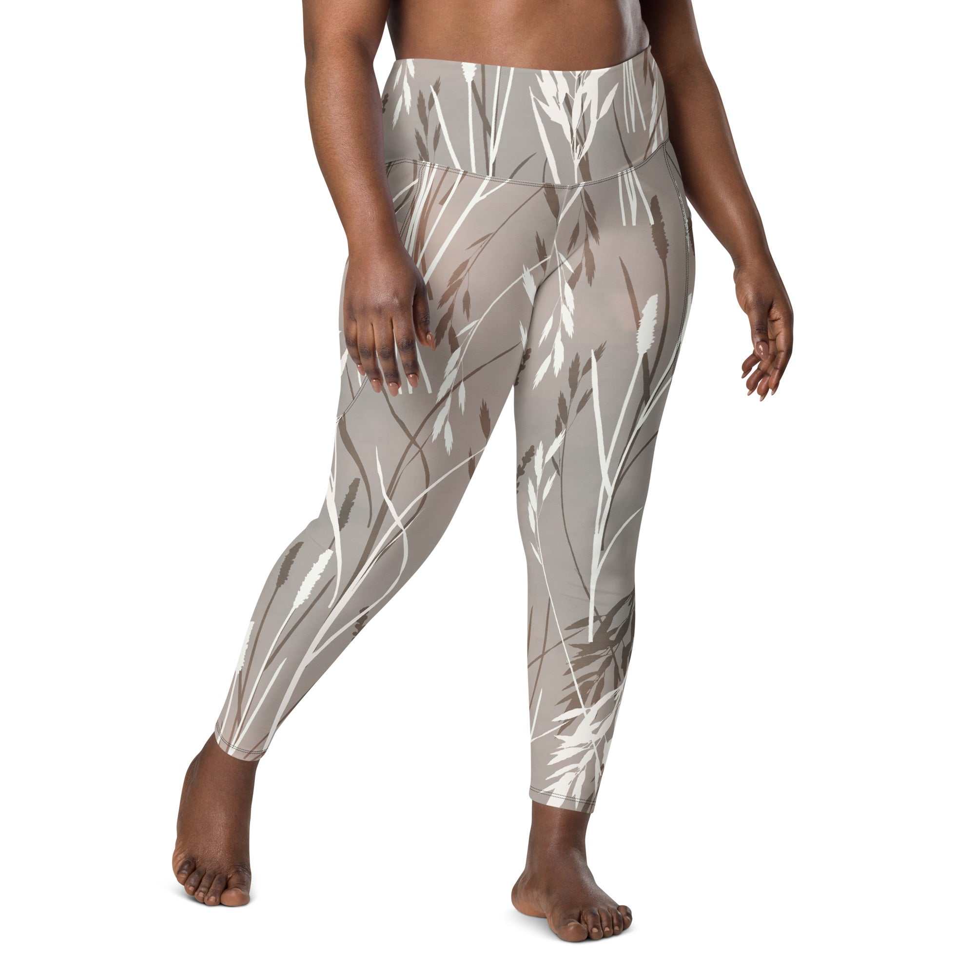 The Osaka Sculpt Leggings in light grey beige with earthy floral brush strokes, high-waisted, mild compression, dual side pockets, and UPF 50+ protection.