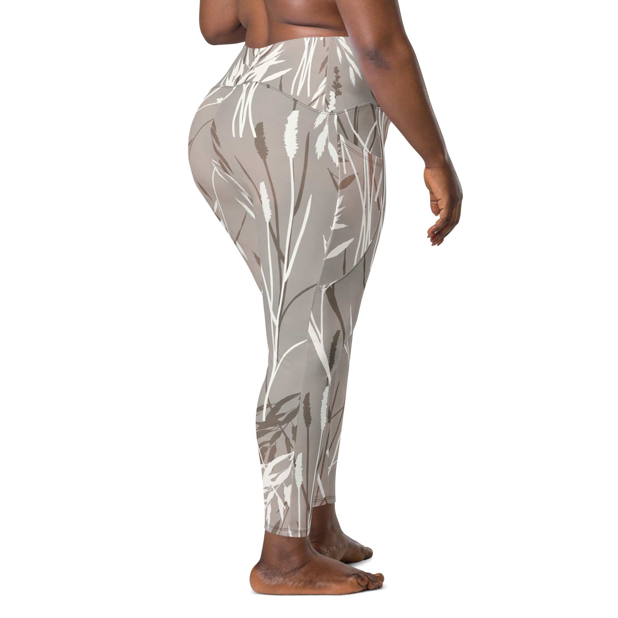 The Osaka Sculpt Leggings high-waist light grey beige leggings with earthy floral brush strokes and dual side pockets