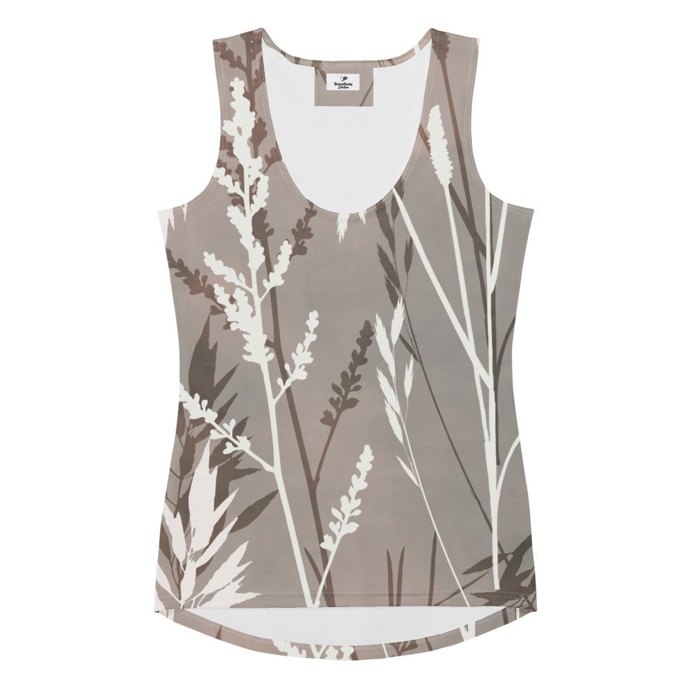 The Osaka Performance Tank. A sleeveless scoop-neck tank top featuring an all-over botanical grass pattern in shades of taupe, brown, and white, displayed on a clean white background.