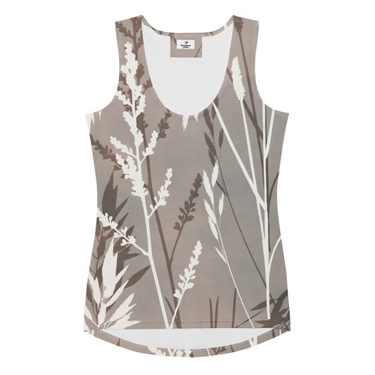The Osaka Performance Tank. A sleeveless scoop-neck tank top featuring an all-over botanical grass pattern in shades of taupe, brown, and white, displayed on a clean white background.
