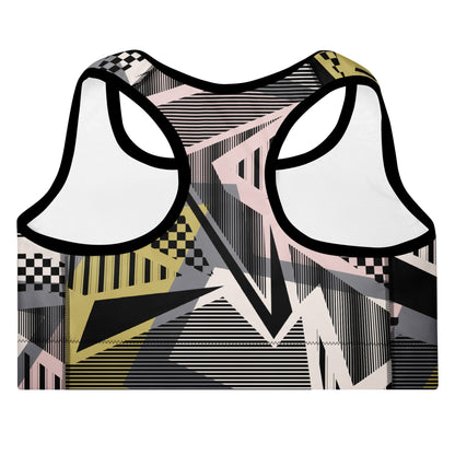 The Oxford Performance Bra  by BunnyBanky, featuring a striking abstract design with black, pink and yellow geometric shapes