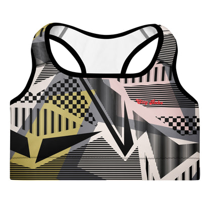 The Oxford Performance Bra  by BunnyBanky, featuring a striking abstract design with black, pink and yellow geometric shapes