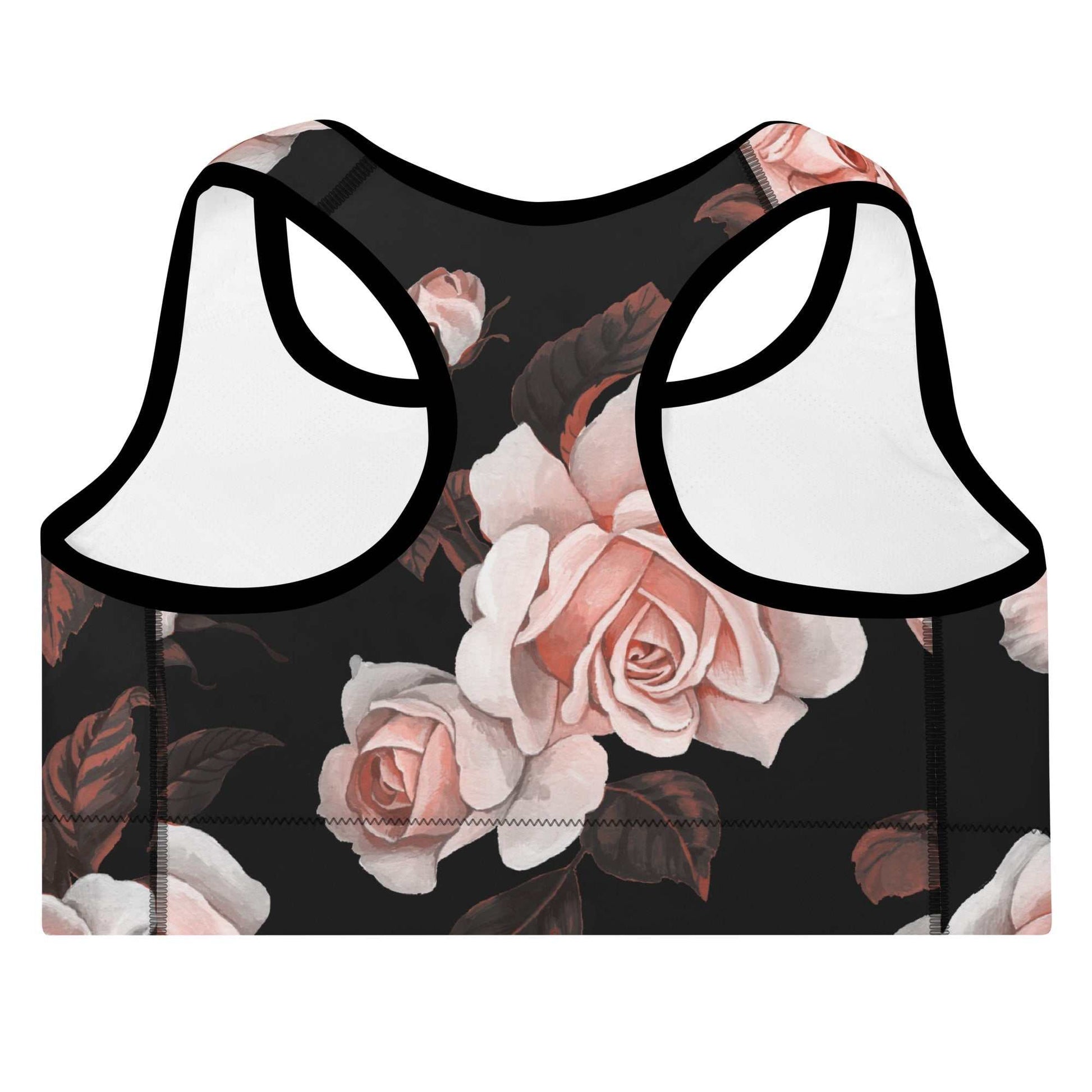 A close up of The Paris Performance Bra showing the racer back and the dramatic XL pale pink rose print.