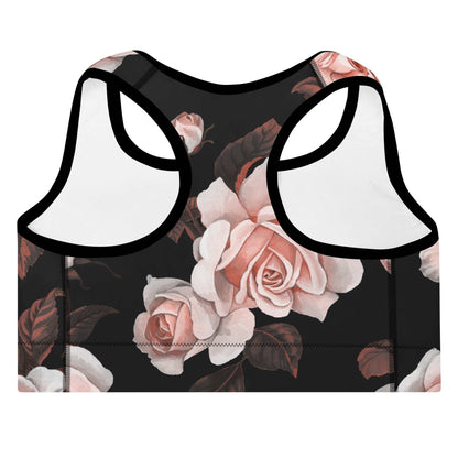 A close up of The Paris Performance Bra showing the racer back and the dramatic XL pale pink rose print.