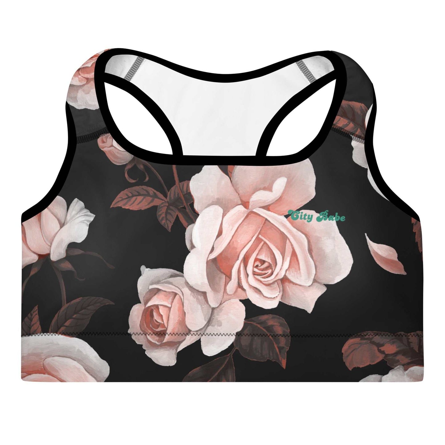 A close up of The Paris Performance Bra showing the racer back and the dramatic XL pale pink rose print.