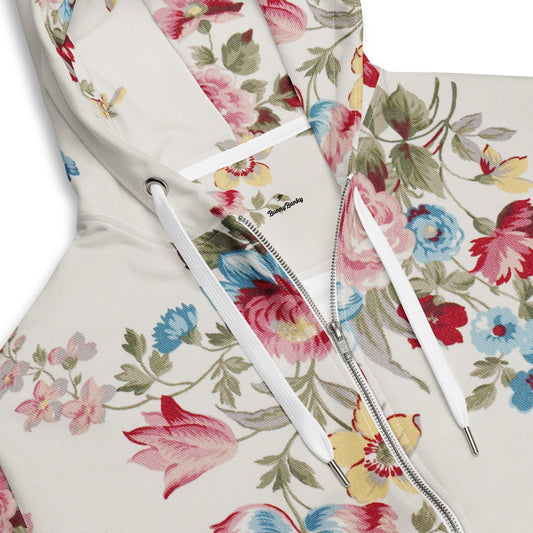 The Pink Blush Zip Hoodie, showing the serene pink blush and sky blue floral pattern and the premium fit with metal zipper details.