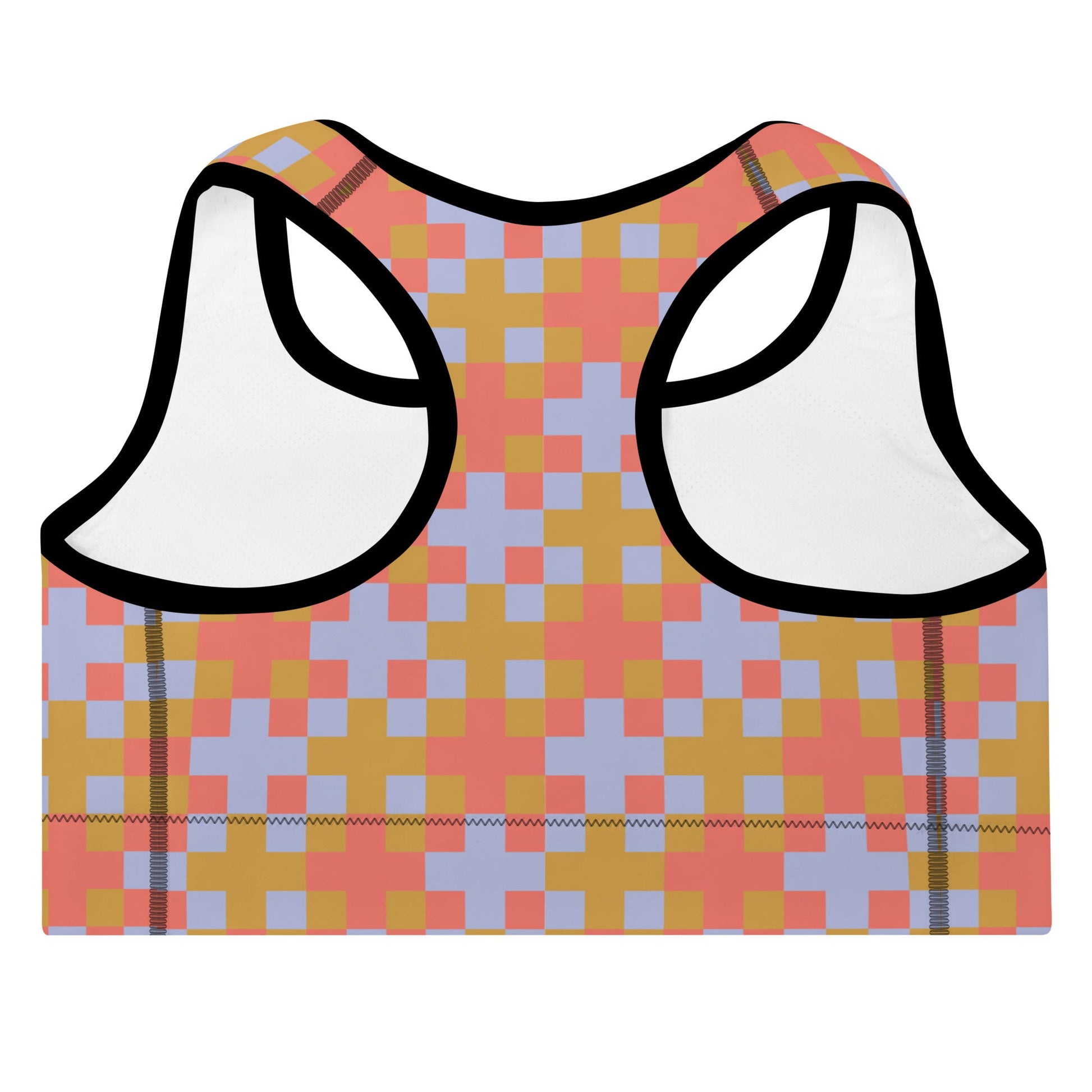 The Pixel Glam Performance Bra, highlighting the geometric scoop neckline, wide under-bust band, and vibrant terracotta, gold, and blue pixelated grid pattern.