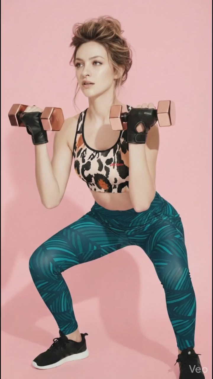 A high-quality product video featuring the Amazonia Performance Bra and Amazonia Sculpt Leggings. The model showcases the athletic fit and design within a fitness studio setting. The bra features a bold leopard animal print, while the leggings display a fluid, dark green curved leaf pattern. Subtle camera movements highlight the compression and flexible performance of the co-ord set against a soft pink background.