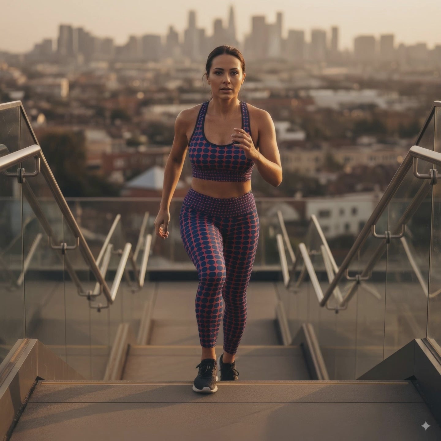 A BunnyBankY AI proprietary model wearing the complete Embankment set, featuring the Performance Bra and Sculpt Leggings. The set showcases the high-contrast fuchsia and navy geometric print, inspired by the structural lines of London's Embankment.