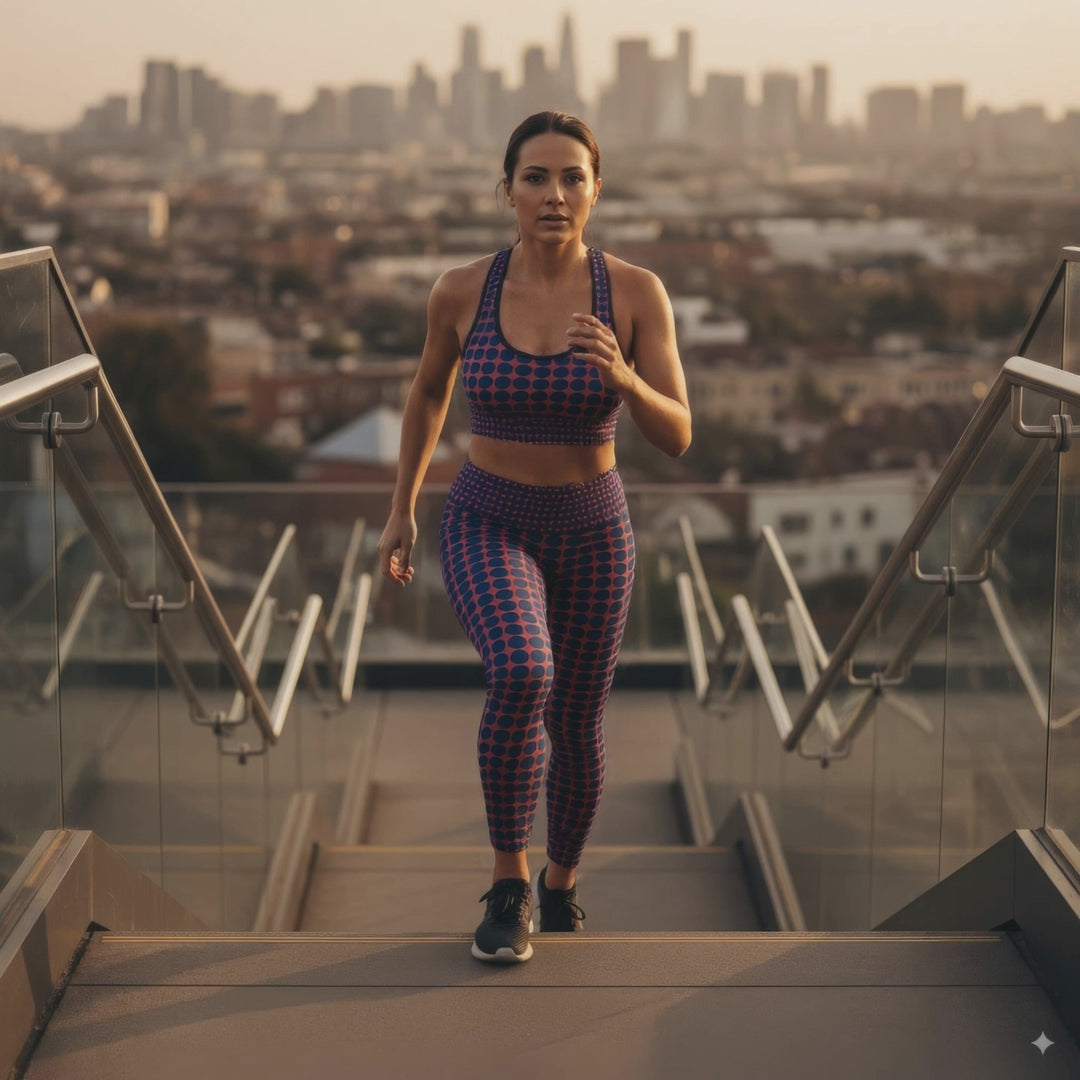 A BunnyBankY AI proprietary model wearing the complete Embankment set, featuring the Performance Bra and Sculpt Leggings. The set showcases the high-contrast fuchsia and navy geometric print, inspired by the structural lines of London's Embankment.