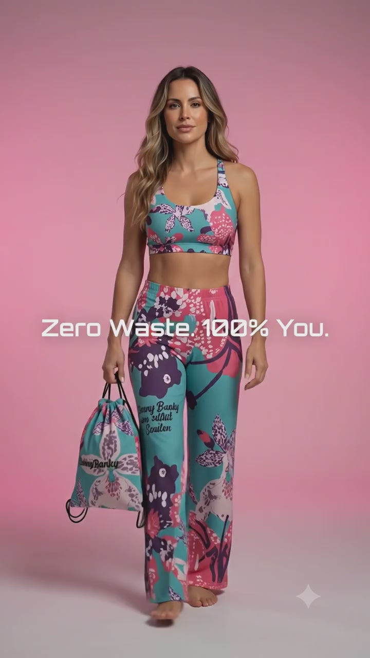 Vertical video of model Athena wearing the BunnyBanky Signature Frequency Glam Set, featuring a high-performance bra, wide-leg Chelsea flow joggers, and a matching drawstring backpack in a bold, vibrant teal, pink, and purple floral pattern against a soft studio pink background.
