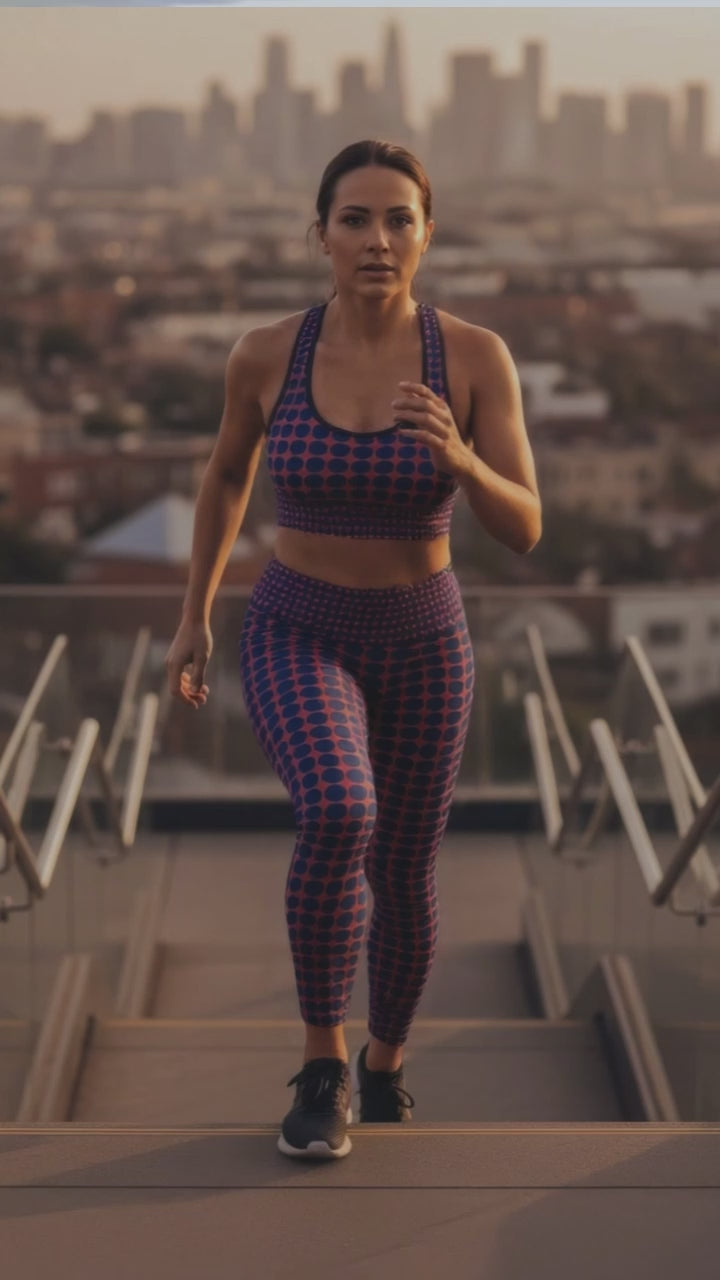 A BunnyBankY AI proprietary model wearing the complete Embankment set (Performance Bra and Sculpt Leggings) in a video. The model is actively going up stairs in a dynamic city open space, showcasing the sculpting fit and the high-contrast fuchsia and navy geometric print in motion.